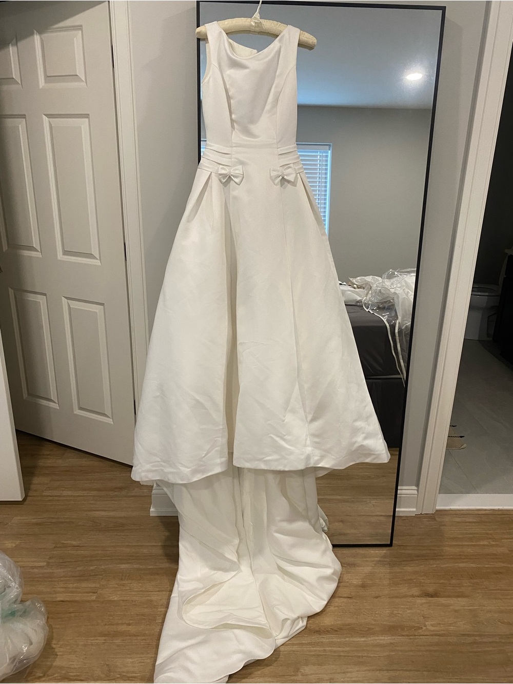 Vintage Monique Classic Ivory Satin Ball Gown with Bow Detail High Neck